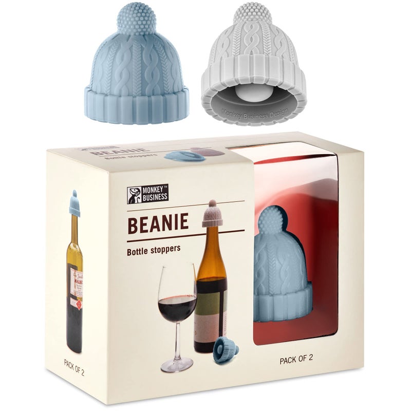 Monkey Business Beanie Cap Decorative Silicone Bottle Stopper in a Gift Box, Set of Two, Novelty Cork, Beverage and Wine Keeper, Champagne Bottle stoppers (Blue & Grey) - Image 1